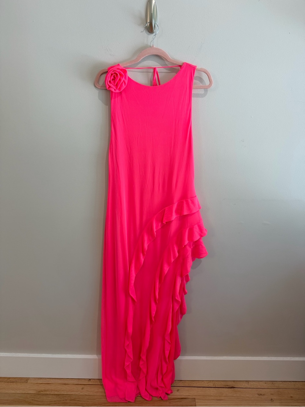 AFRM Bright Pink Sleeveless Ruffle Maxi Dress with Floral Accent